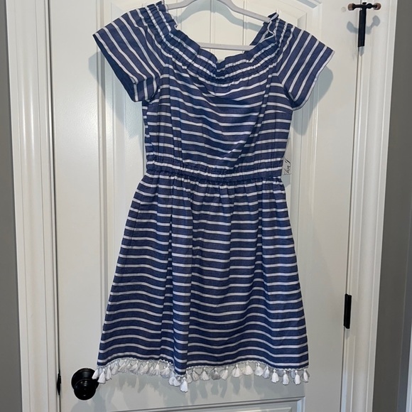 Eliza J off shoulder blue/white stripe dress preppy nautical beachy cotton NWT 8 - Picture 1 of 8